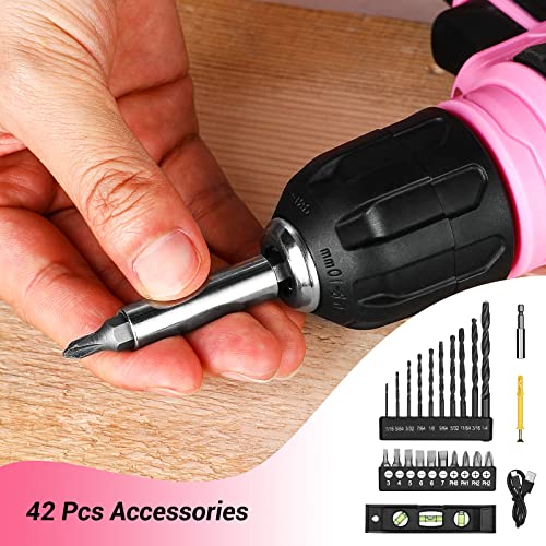 DEKO 8V Cordless Drill, Drill Set with 3/8"Keyless Chuck, 42pcs Acessories, Built-in LED, Type-C Charge Cable, Pink Power Drill for Drilling and DEKOPRO