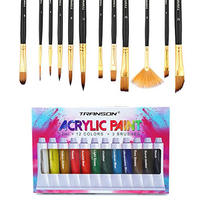 Transon Art Painting Brush Assorted Set of 12 with Acrylic Paint Set 12-Color