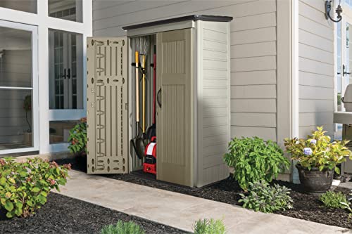 Rubbermaid Outdoor Small Vertical Resin Storage Shed, 5x2 Feet, Brown, Weather Resistant Utility Shed with Lock for Storage for Lawn Rubbermaid