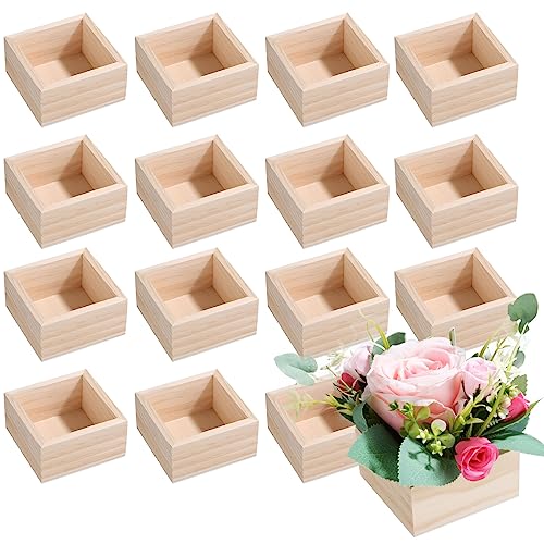 WOPPLXY 16 Pack Wooden Box, 4 x 4 x 2 Inch Unfinished Wood Box, Small Square Wood Boxes, Wooden Storage Organizer Craft Boxes for Crafts, WOPPLXY