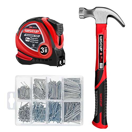 Hammer and nails Set 560pcs Wall Nails & Finish Nails For Hanging Pictures Small Hammer Set 8oz Tape Measure 10ft Basic Woodwork Tool Kit For Home WISEUP