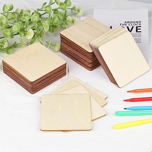 120 Pieces Unfinished Wooden Squares, 4 x 4 Inch Natural Square Wood Cutout Tiles for DIY Crafts, Painting, Carving and Home Decor, Coasters, GNIEMCKIN