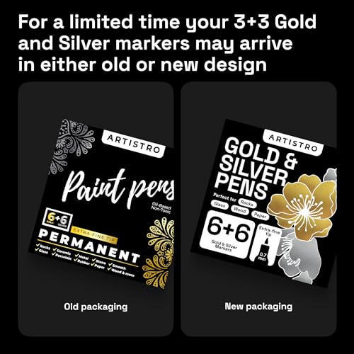 Gold & Silver Metallic Paint Pens for Rock Painting, Stone, Ceramic, Glass, Wood, Metal, Fabric, Canvas. Set of 6 Gold Permanent Oil Based Paint ARTISTRO