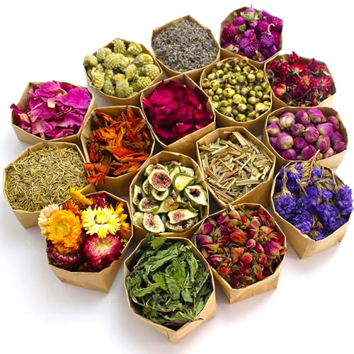 16 Bags Dried Flowers Herbs Kit for-Candle Soap Making,Perfect for Tea, Baking,Sachets & Fresh Fragrance,Lemon,Lavender,Pink RoseJasmine,Rose Oameusa