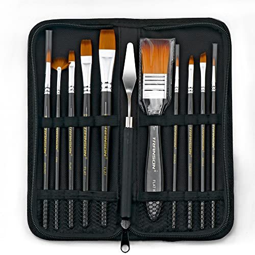 Transon Paint Brush Kit 10pcs Art Brushes and 1 Paint Spatula with Brush Case TRANSON