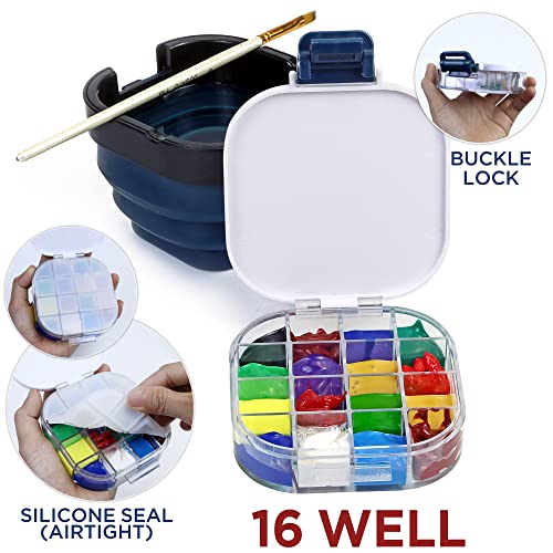 Airtight Paint Saver Storage Palette Box, 16-Well Palette Box with Lid, Include Paint Brush Basin, Perfect for Gouache, Acrylic, Watercolor and Oil DUGATO
