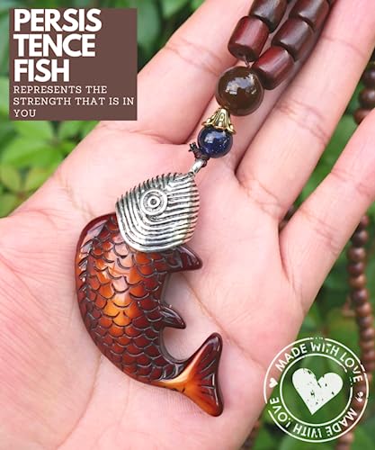 DREMINOVA Wood Strand Necklace for Women Japa Mala Red Sandalwood Beads Meditation Prayer Buddhist Energy Trendy Women’s Jewelry (Persistence Fish) DREMINOVA