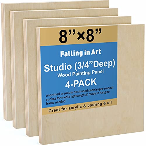 Unfinished Birch Wood Canvas Panels Kit, Falling in Art 4 Pack of 8x8’’ Studio 3/4’’ Deep Cradle Boards for Pouring Art, Crafts, Painting and More Falling in Art