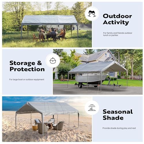 VIVOHOME 12x20ft Carport Replacement Canopy Cover, 180G Waterproof & UV Protected Tarp with 48 Elastic Buckles Suit for Garage Shelter, Frame is Not VIVOHOME