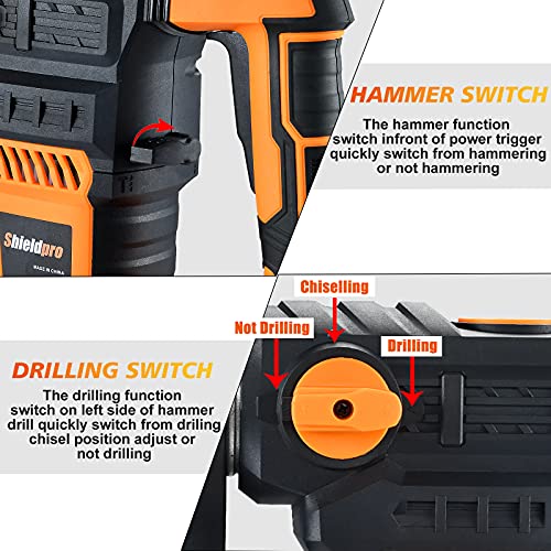 SHIELDPRO 1-1/4 Inch SDS-Plus 13 Amp Rotary Hammer Drill Heavy Duty, Safety Clutch 3 Functions with Vibration Control,Including Grease, Flat Chisels, SHIELDPRO