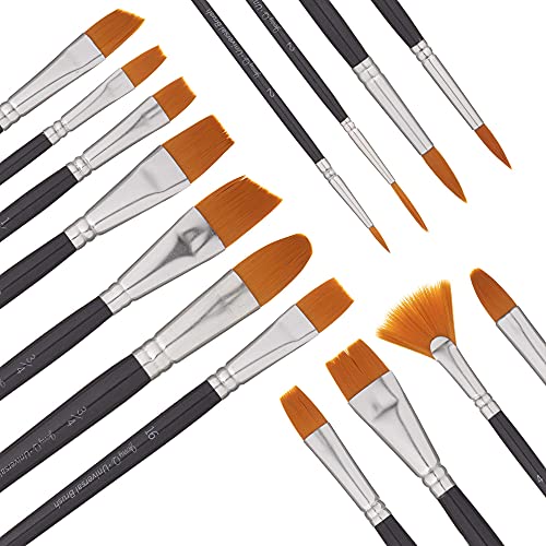 Jerry Q Art 15 pcs Golden Taklon Brush Set for Acrylic, Tempera, Watercolor, Oil Painting, Silver Ferrule with Violet Short Wooden Handles JQ151 Jerry Q Art