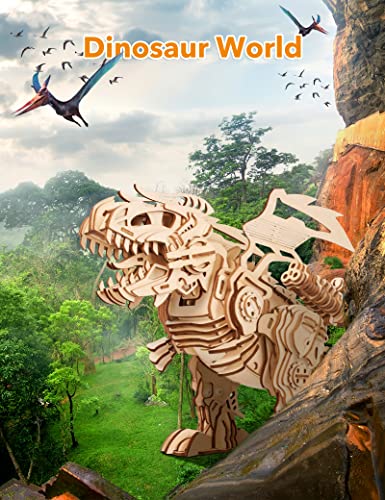 MIEBELY 3D Wooden T-Rex Puzzle Kit with Roaring Sound and Motion for Adults and Kids MIEBELY