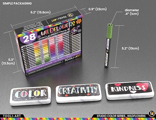 28 Wildflower Colors Acrylic Paint Pens Studio Color Series Markers Set 0.7mm Extra Fine Tip, Rock Painting, Glass, Mugs, Wood, Metal, Canvas, DIY, TOOLI-ART