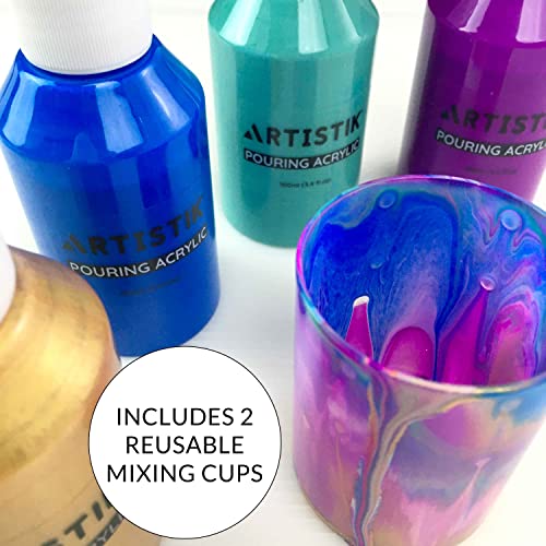 ARTISTIK Acrylic Pouring Paints - 8 x 100ml Paint Colour Set with 2 Mixing Cups - Paint Bottles for Art Supplies, Canvas, Glass, Paper, Wood, Stone, ARTISTIK
