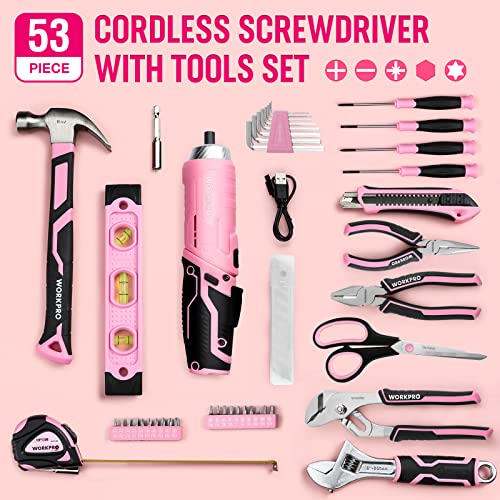 WORKPRO 53-Piece Pink Tool set with Electric Cordless Screwdriver, Basic Tool Kit Set for Women with 13'' Portable Tool Bag for DIY Home WORKPRO
