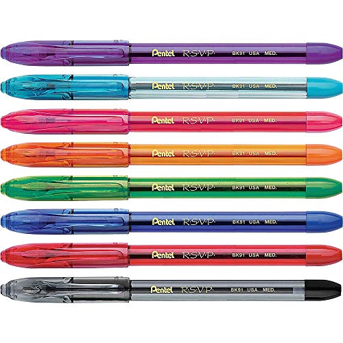 Pentel® R.S.V.P.® Ballpoint Pens, Medium Point, 1.0 mm, Clear Barrel, Assorted Ink Colors, Pack Of 8 Pentel
