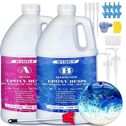 Epoxy Resin Kit, 2 Gallon Epoxy Resin Crystal Clear Not Yellowing No Bubble Self Leveling for DIY Molds Wood Jewelry Table Tops Bar Top Casting Myqiuf