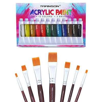 Transon Flat Paint Brush Set 7pcs with Acrylic Paint Set 12-Color