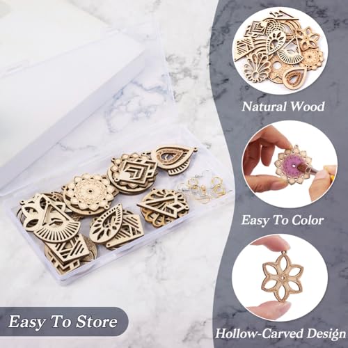 26pcs Wooden Earring Charms Unfinished Natural Wood Filigree Pendants in Teardrop & Kite & Flower & Rhombus & Triangle Shape with Earring Hooks & EEE ELECRELIVE