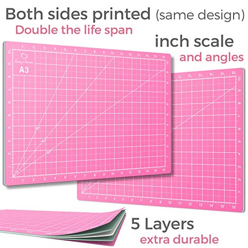 Rotary Cutter Set pink - Quilting Kit incl. 45mm Fabric Cutter, 5 Replacement Blades, A3 Cutting Mat, Acrylic Ruler and Craft Clips - Ideal for Honey's Heaven