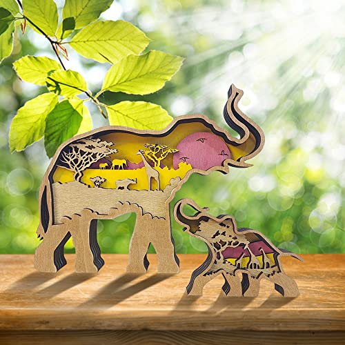 iDOTODO Elephant and Mountains Layered Wooden Carved Ornament with Lights, Forest Animal Multi-Layered 3D Decor…