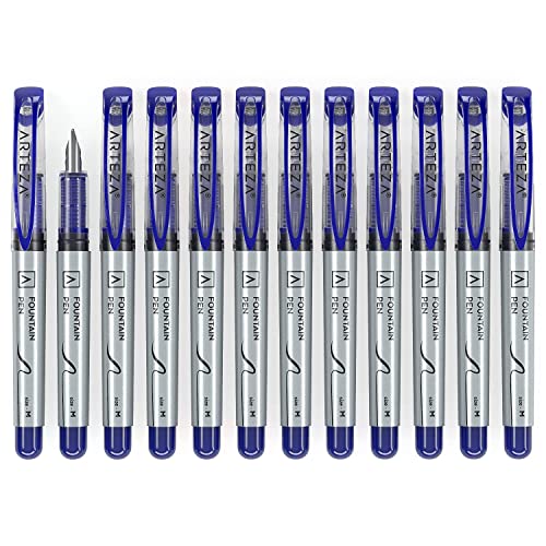 ARTEZA Disposable Fountain Pens, Pack of 12, Medium 0.9-mm Nib, Smooth-Writing Quick-Drying Blue Ink Pen, Art Supplies for Professionals, Students, ARTEZA