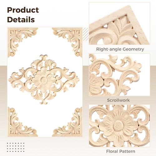 20pcs(4 Pack) Wood Appliques Decorative Carved Onlays, Wooden Carved Appliques DIY Decoration for Wood Furniture, Wood Carving Decals for Wall CDOKY
