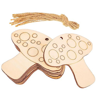 Healifty 10pcs Unfinished Wood Slices Mushroom Wood Cutouts with Twine Discs Wooden Ornaments DIY Crafts Hanging Embellishments Decoration for