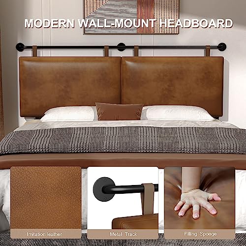 BSHOMGI Wall Mount Headboard, King Headboard Size, PU Leather Head Board Only Brown Hanging Head Boards, Industrial Pipe Modern King Bed Backboard BSHOMGI