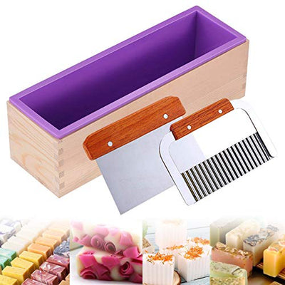 Ogrmar Silicone Soap Molds Kit-42 oz Wooden Silicone Soap Rectangular Mold with Stainless Steel Wavy & Straight Scraper for Soap Cake Making (Purple)