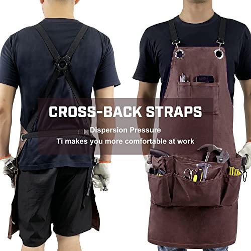 OPTIGRAM Waxed Canvas Durable Tool Apron, Heavy Duty Work Apron with 10 Pockets for Accessaries, Woodworking Work Shop Apron for Safty Protection OPTIGRAM