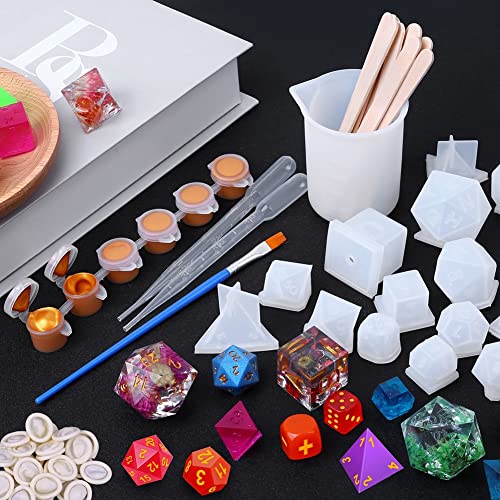 Resin Dice Molds, Shynek 19 Styles Polyhedral Game Dice Molds Set with Silicone Dice Mold, Mixing Sticks, Measuring Cup, Droppers, Acrylic Paints Set shynek