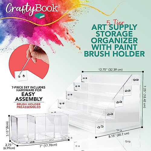 CraftyBook 5-Tiered Art Supply Storage Organizer with Paint Brush Holder - Clear Acrylic Tabletop Gel Polish Paint Storage Step Shelf - Acrylic Nail CraftyBook