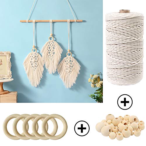 120pcs Macrame Kits for Beginners 3mm x 109yards Natural Cotton Macrame Cord with Wooden Beads & Rings,Wooden Sticks,Metal Rings Macrame Supplies MAOQIAN