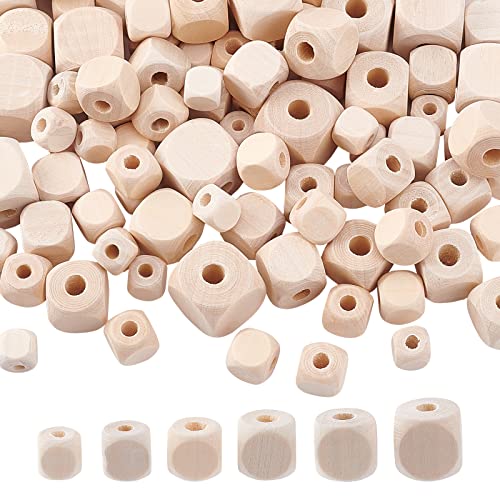 PandaHall 150 pcs Wooden Cubes, 6 Sizes Unfinished Geometric Wood Beads Natural Cube Wooden Beads DIY Wooden Spacer Beads for Bracelet Neckalce PH PandaHall