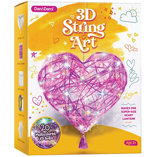 3D String Art Kit for Kids - Makes a Light-Up Heart Lantern - 20 Multi-Colored LED Bulbs - Kids Gifts - Crafts for Girls and Boys Ages 8-12 - DIY Dan&Darci