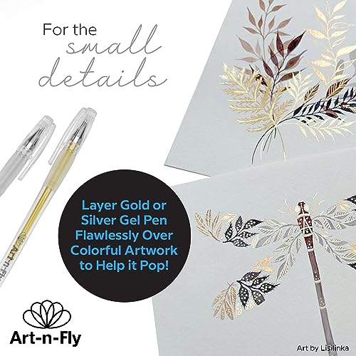 Gold & Silver Gel Pen for Artist 0.7mm Fine Point - Gold Ink Pen with Japanese Ink 6 PACK - Silver/Gold Metallic Pens for Art Drawing, Sketching & Art-n-Fly