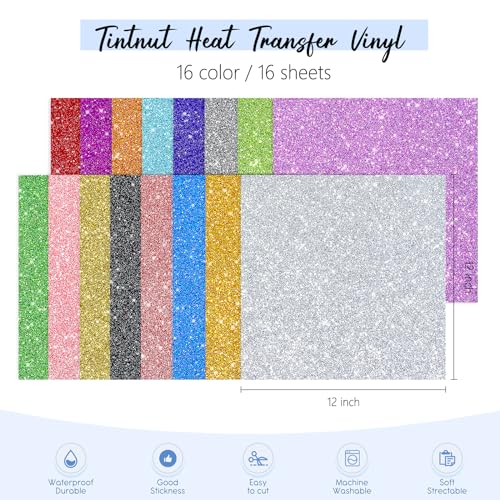 Tintnut Glitter HTV Heat Transfer Vinyl - 16 Sheets 12"X12" Colorful Glitter Heat Transfer Vinyl Shinny Glitter Iron On Vinyl for T-Shirts Glitter Tintnut