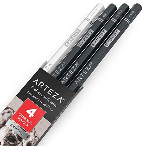 ARTEZA Charcoal Pencil Set, 3 Black Pencils – Soft, Medium, and Hard, and 1 White Pencil – Medium, Art Supplies for Drawing, Sketching & Shading ARTEZA