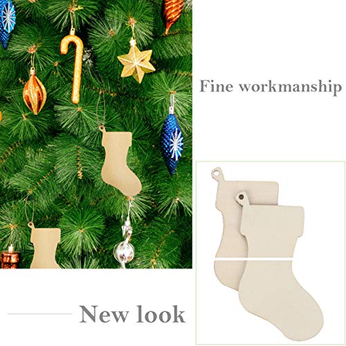 EXCEART 50pcs Wooden Stockings Pieces Socks Shape Wood Chips Craft Unfinished Wooden Cutouts DIY Hanging Ornament Tree Decor for Party Festival EXCEART