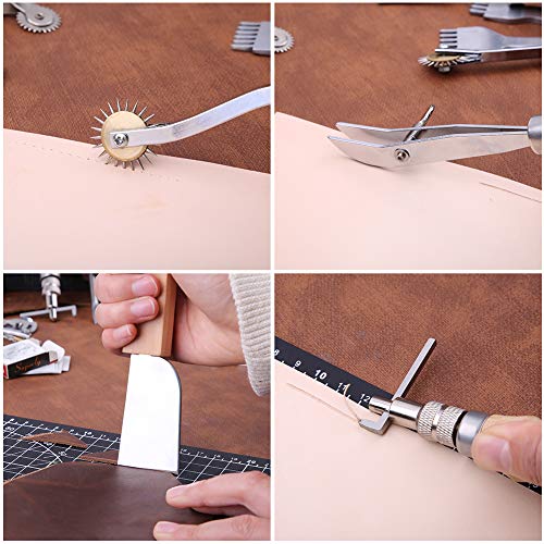 28 Pcs Leathercraft Hand Tools Kit, Upholstery Repair Kit Leather Working Tools with Leather Prong Punch, Leather Hammer, Stitching Groover, Leather JUPEAN