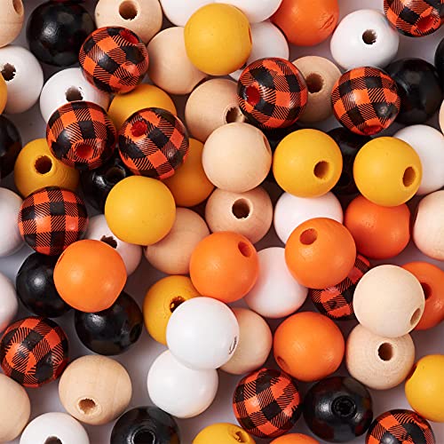 Craftdady 120pcs Natural Wood Beads 16mm Smooth Printed Wooden Loose Beads Unfinished Round Beads with Jute Twine Plaid Ribbon for DIY Jewelry Crafts Craftdady