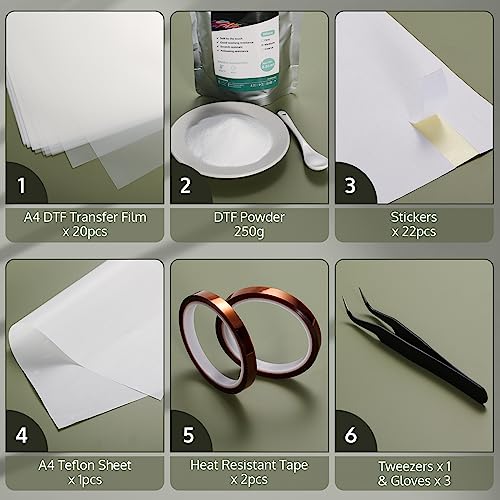 OFFNOVA DTF Transfer Film for Sublimation and Powder Kit, All-in-1 DTF Starter Kit, 20 Sheets A4 DTF Transfer Film, 250g White Hot Melt DTF Powder, OFFNOVA