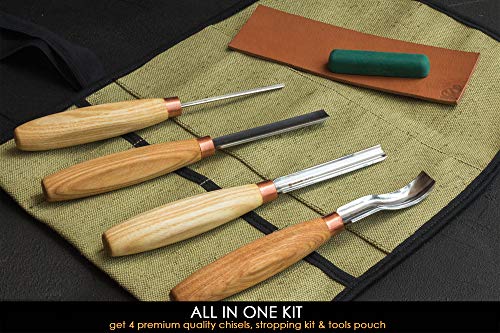 BeaverCraft, Wood Carving Chisel Set SC01 - Gouge Wood Carving Tools Kit in Rolling Pouch with Leather Strop Polishing Compound Kit - Radial Gouges BeaverCraft