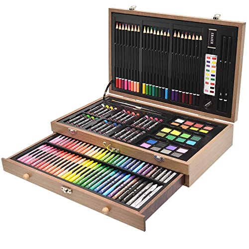 Sunnyglade 145 Piece Deluxe Art Set, Wooden Art Box & Drawing Kit with Crayons, Oil Pastels, Colored Pencils, Watercolor Cakes, Sketch Pencils, Paint Sunnyglade