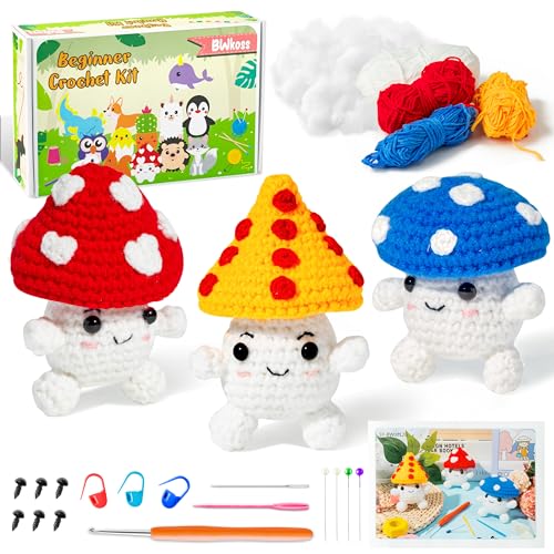 BWkoss Beginner Crochet Kit, Cute Mushroom Crochet Starter Kit for Adults Kids DIY Craft Complete Material Pack with Step-by-Step Instruction and BWkoss