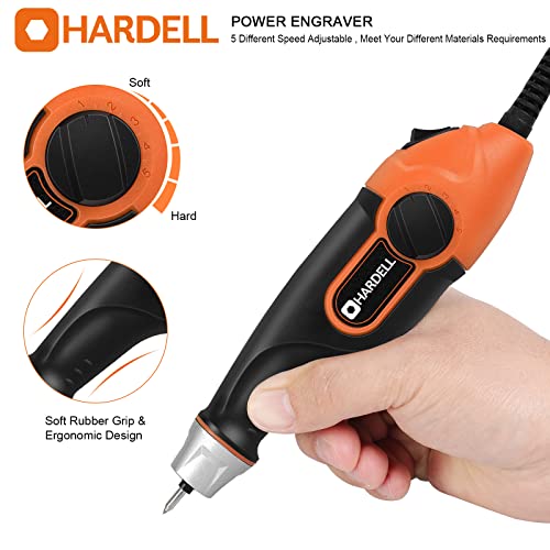 HARDELL 24W Engraver Pen, 5 Speed Engraving Tool with Letter/Number Stencil, Soft Handle Engraver Tool with Tungsten Carbide Steel Bits for Metal, HARDELL