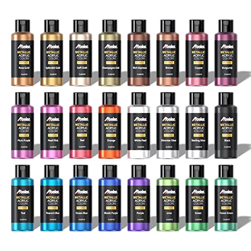 ABEIER Metallic Acrylic Paint, Set of 24 Metallic Colors in 2oz/60ml Bottle, Rich Pigments, Non Fading, Non Toxic Paints for Artist, Beginners & Kids Abeier