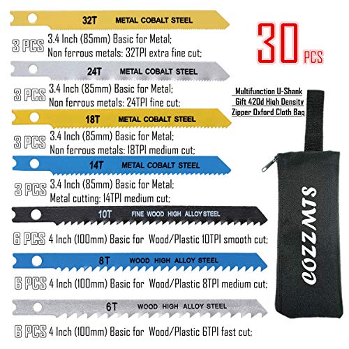 30PCS U-Shank Jig Saw Blade Set for Wood Plastic Metal Cutting Compatible with Bosch DEWALT SKIL Black and Decker Jigsaw Blades U Shank Includes 6T Cozzmts