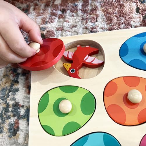 Montessori Mama Wooden Baby Dinosaur Toddler Puzzle - Dual Layered Match & Cover Educational Toys for Toddlers 1-3 Enhancing Cognitive Skills & Montessori Mama